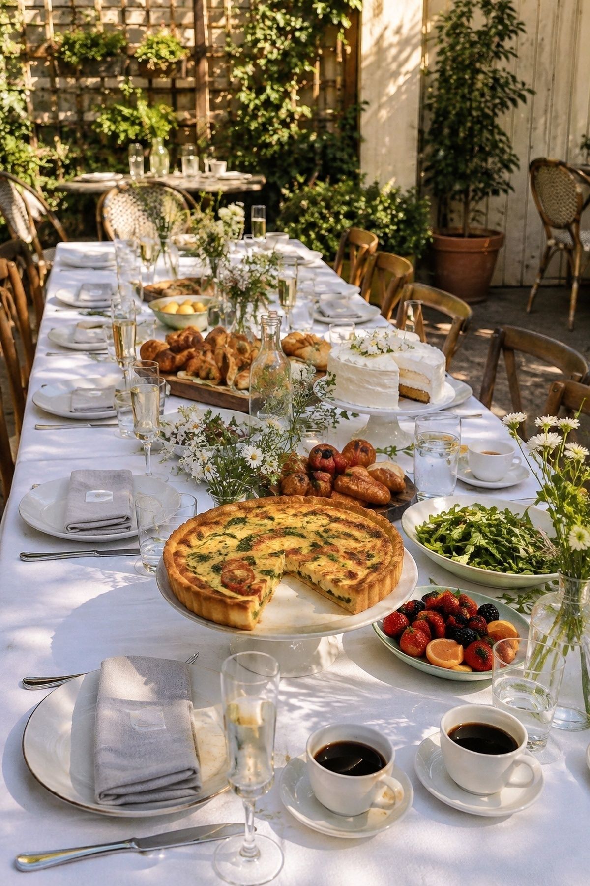 Sunlit small wedding brunch table with pastries, fruit, coffee, sparkling wine, and a small cake