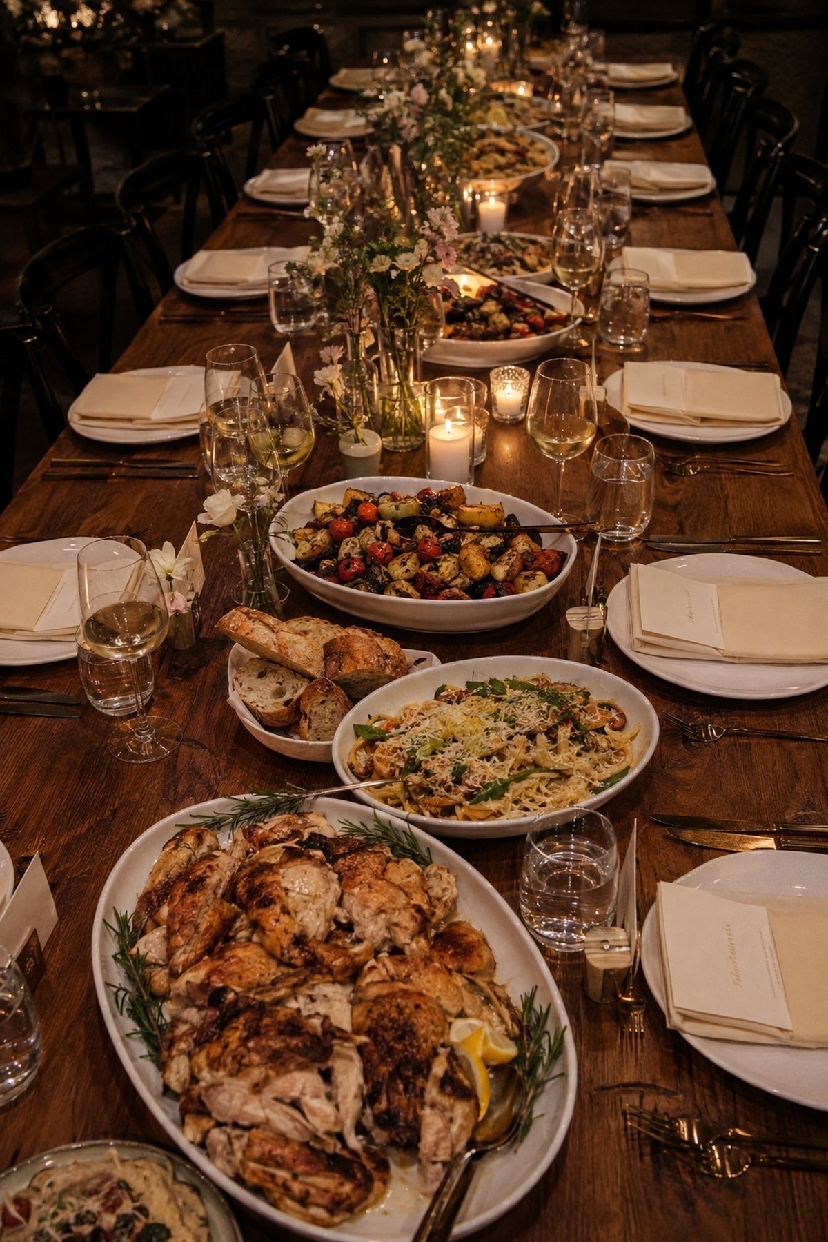 Family-style dishes shared down a long intimate wedding dinner table