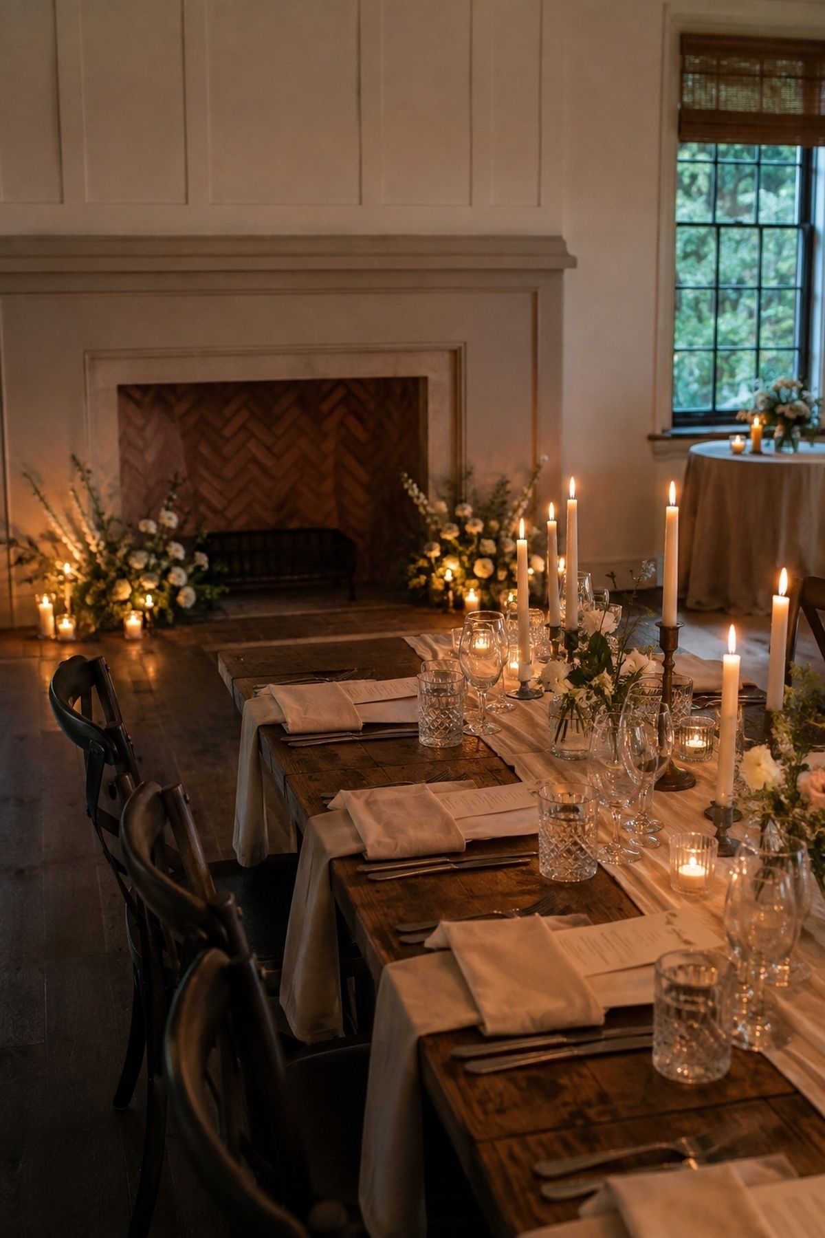 Candlelit intimate wedding table beside one simple fireplace ceremony focal point
