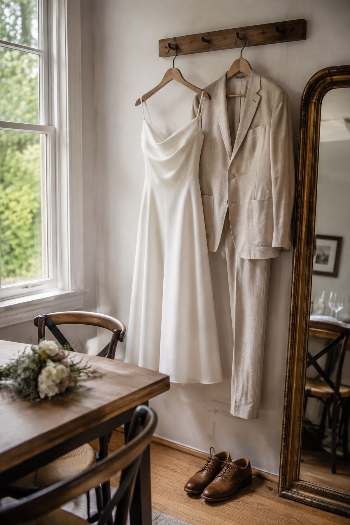 Simple white wedding dress and tailored linen suit styled for an intimate wedding