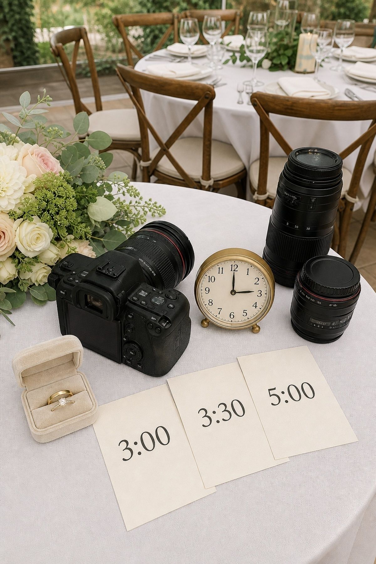 Compact wedding photography kit with a short ceremony, portraits, and dinner timeline