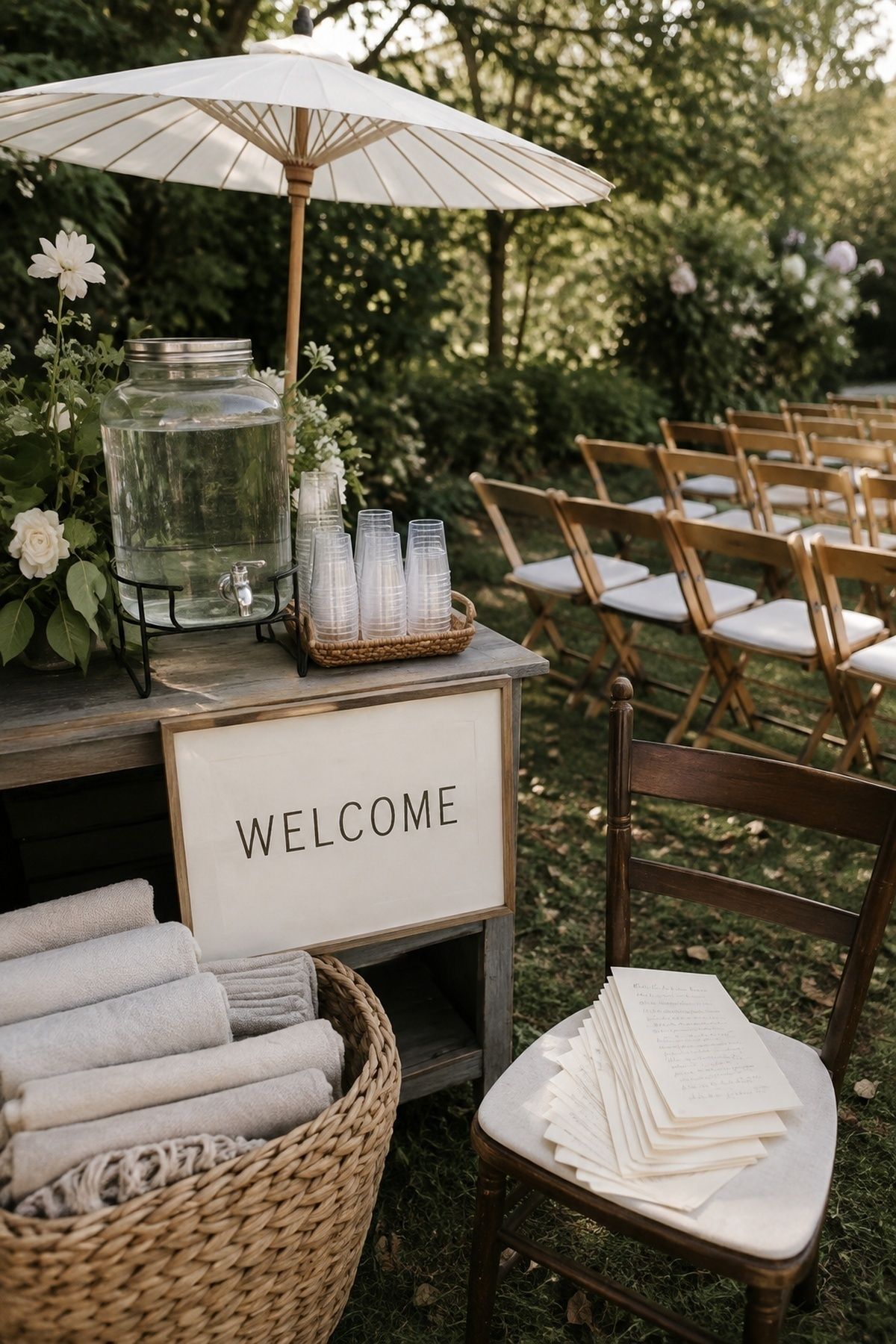 Personal guest comfort station with water, blankets, shade, welcome sign, and handwritten notes