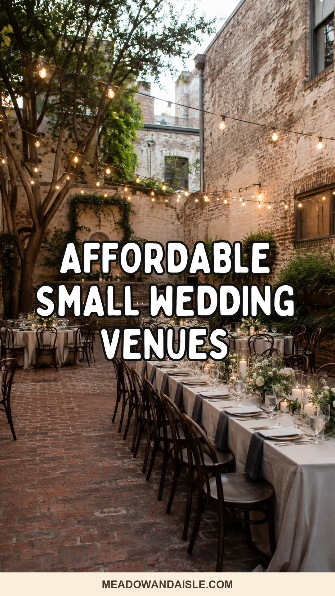 Affordable small wedding venues Pinterest pin showing a brick courtyard with long tables and string lights