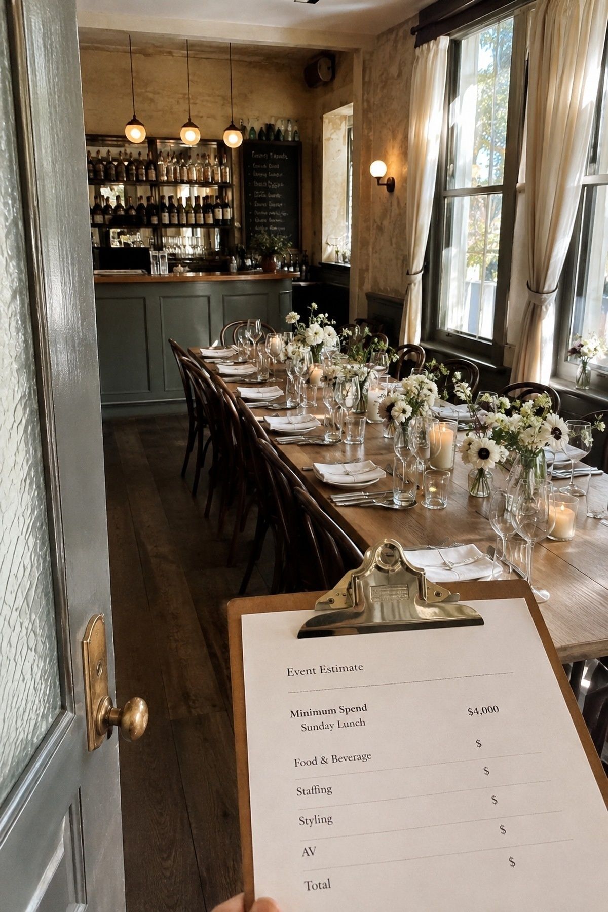 Restaurant private dining room with a long set table and a bar in the back, with a clipboard showing a food and beverage minimum checklist in the foreground