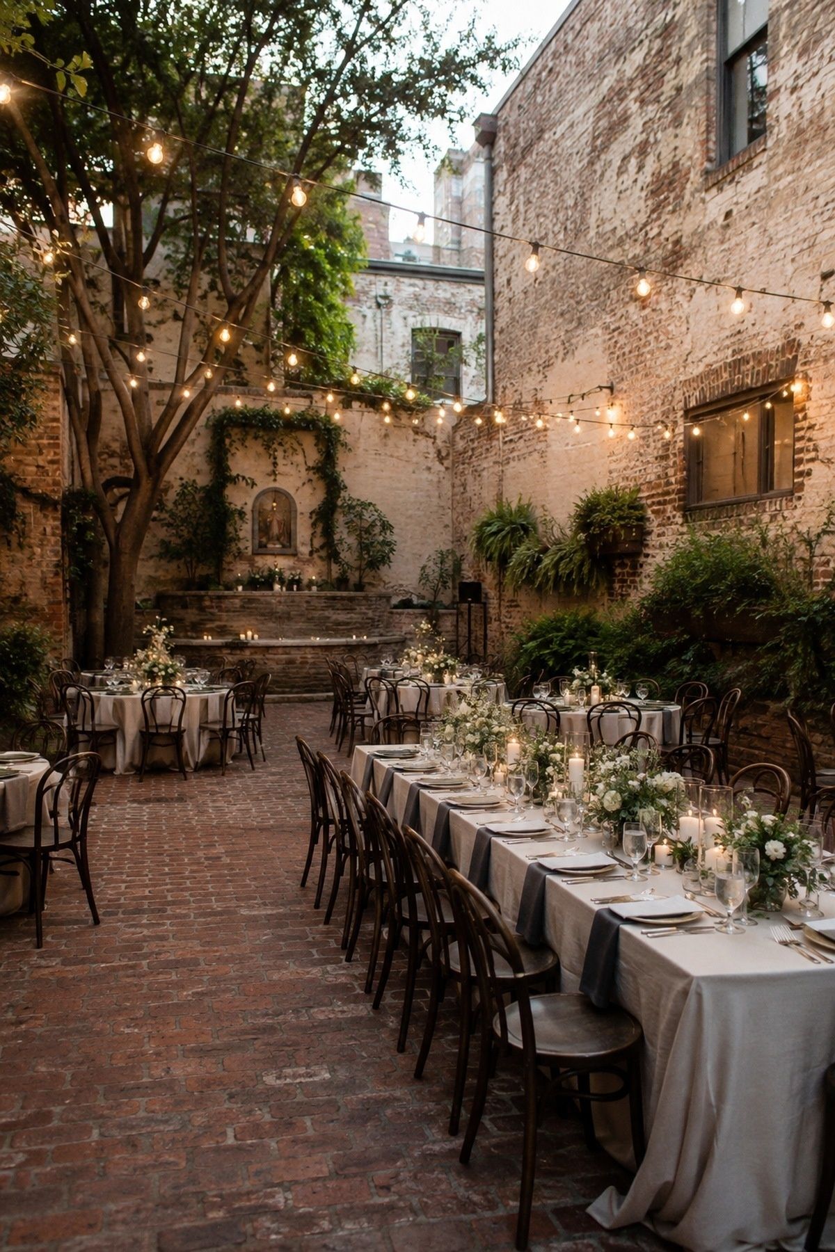Brick courtyard wedding venue with string lights, a large tree, long tables set with greenery and a fountain niche covered in ivy
