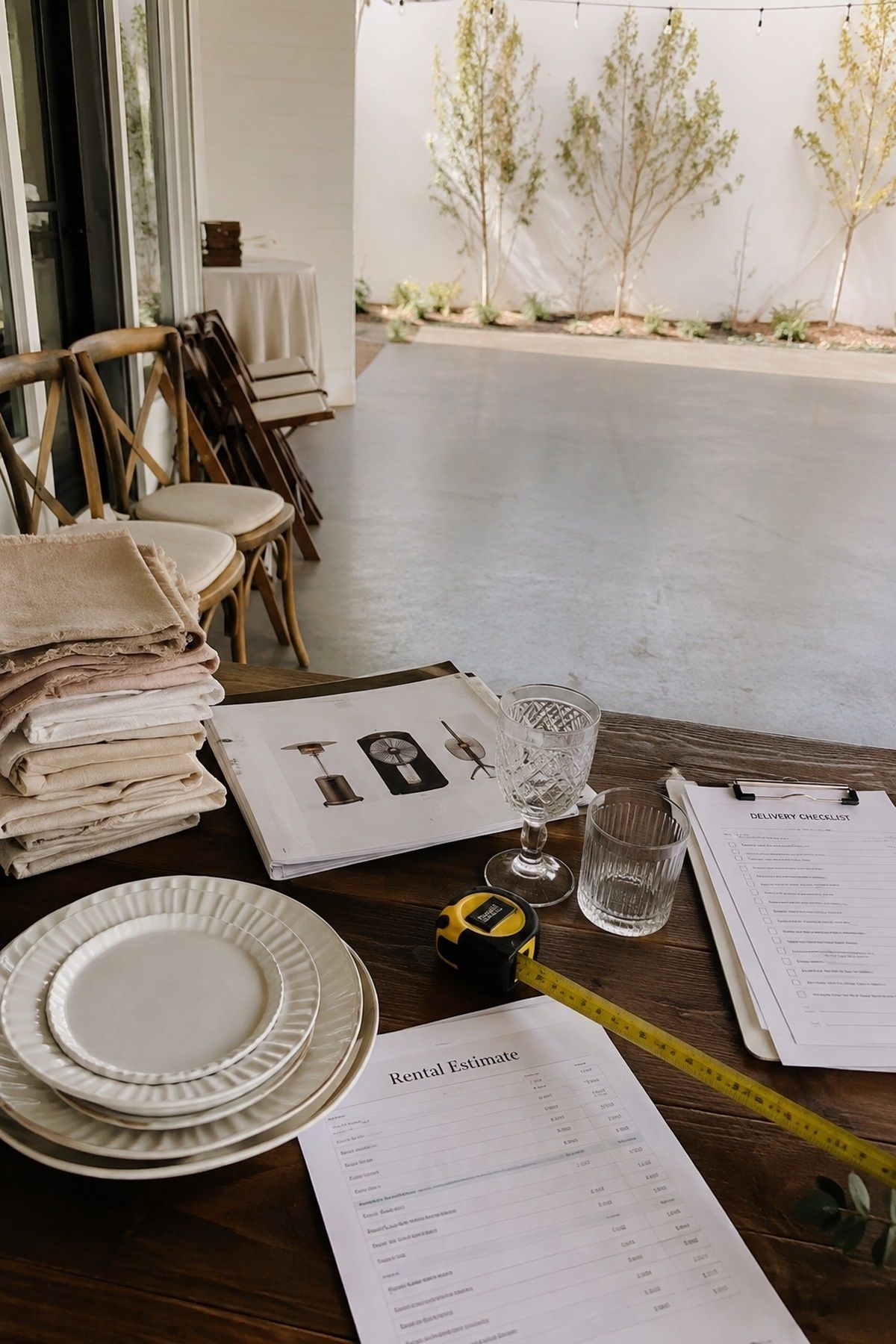 Rental planning table with stacked linens, white plates, glassware, a tape measure and a rental price sheet beside folding chairs in an empty white courtyard