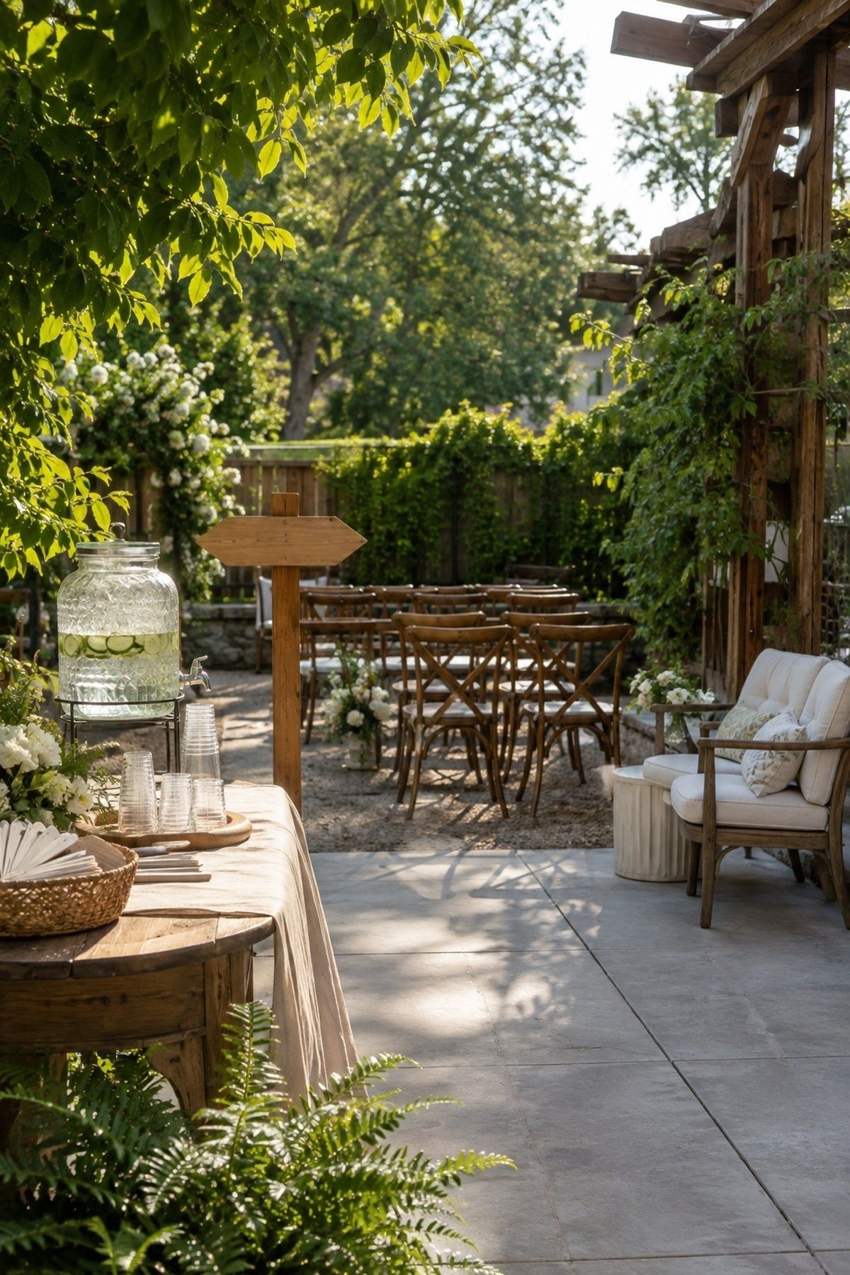 Shaded garden patio with an armchair and cushions, a drink dispenser of water on a side table, a dining set under a pergola and ferns in the foreground