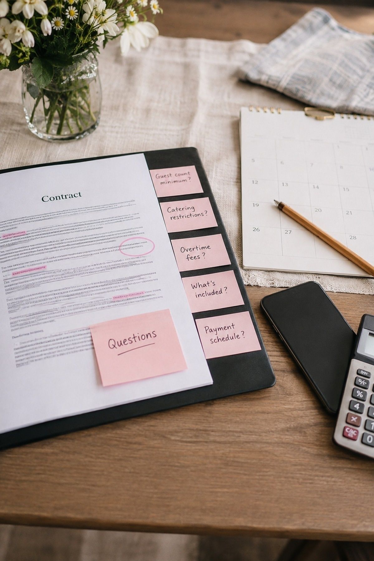 Venue contract marked with pink sticky tabs for questions about cancellation and overtime, next to a calendar notebook, a phone, a calculator and white flowers