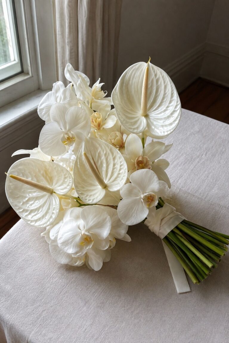 White Anthurium Bouquet With Orchid Softness for anthurium wedding bouquet ideas