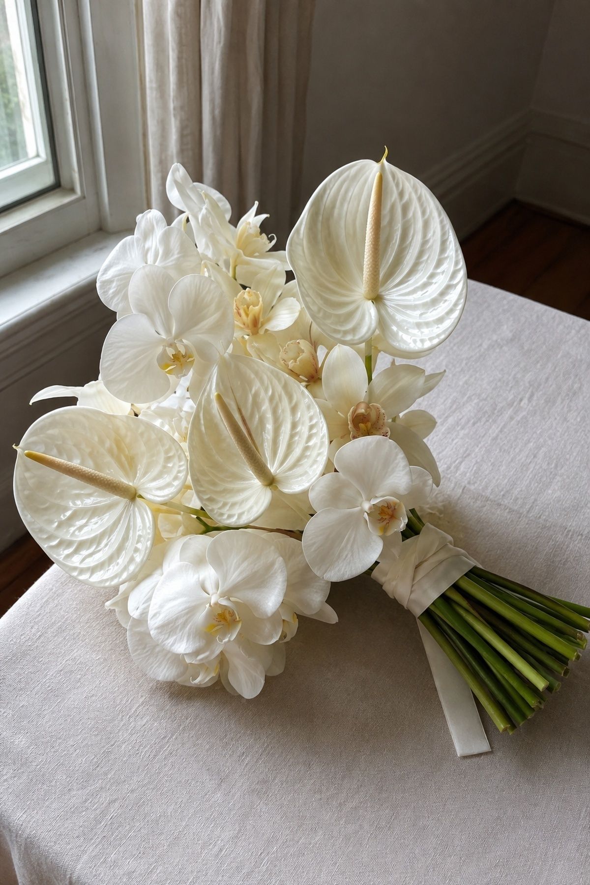 White anthurium bouquet softened with orchids