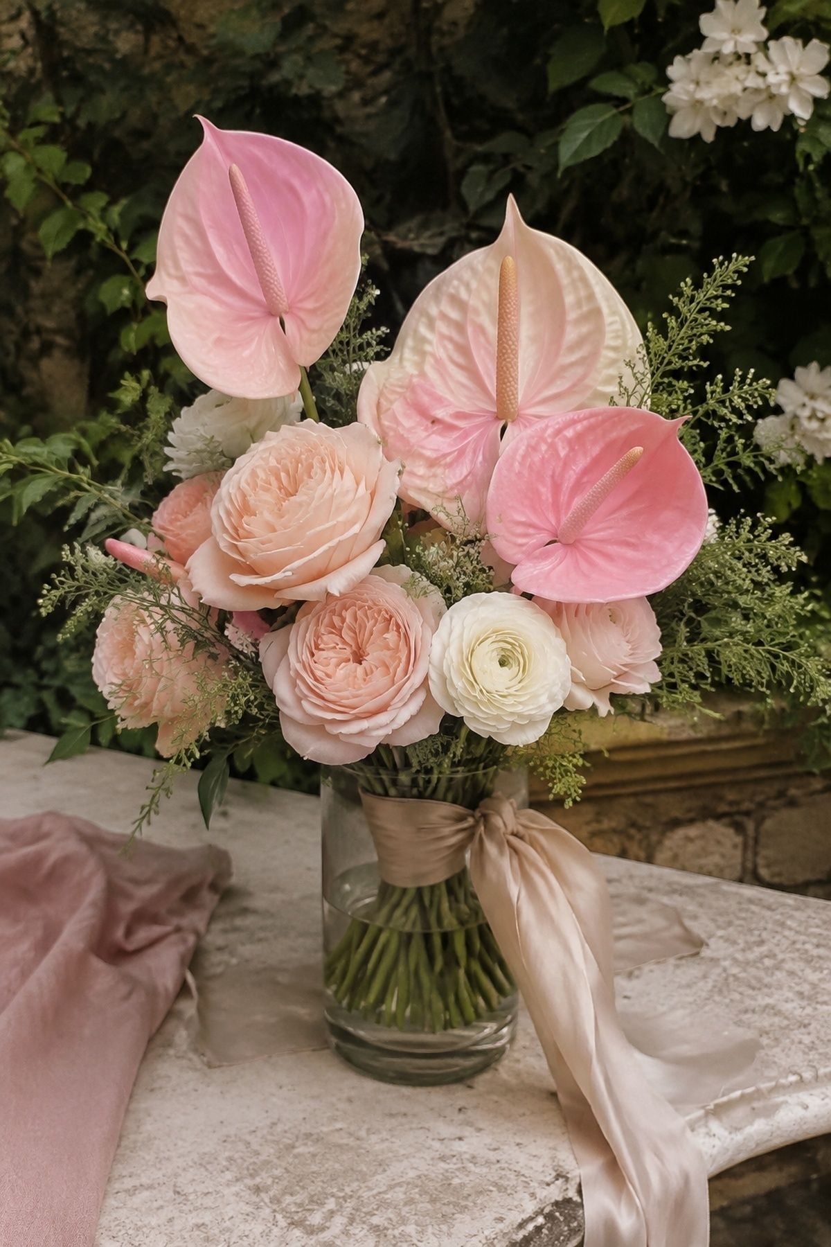 Pink anthurium bridal bouquet with garden roses