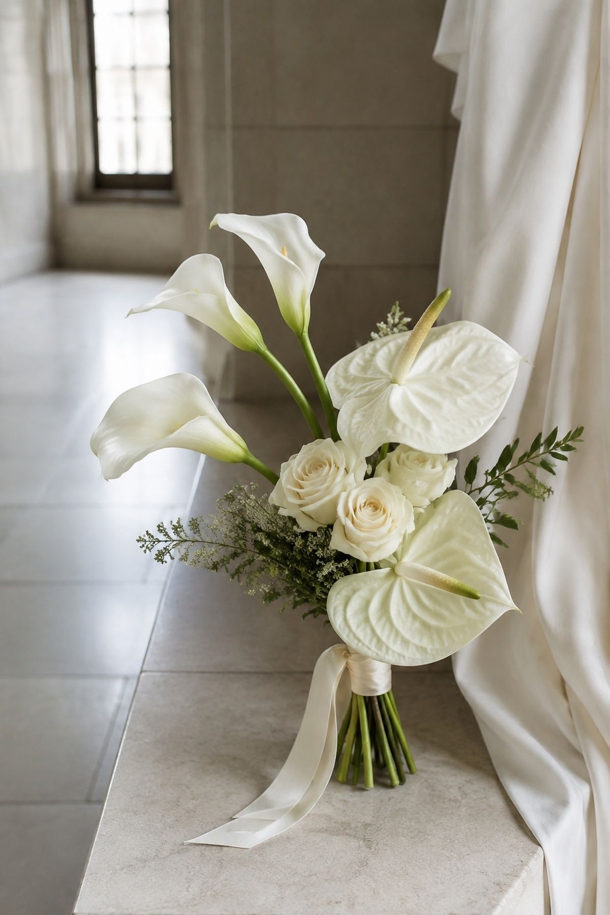Modern anthurium bouquet with calla lilies
