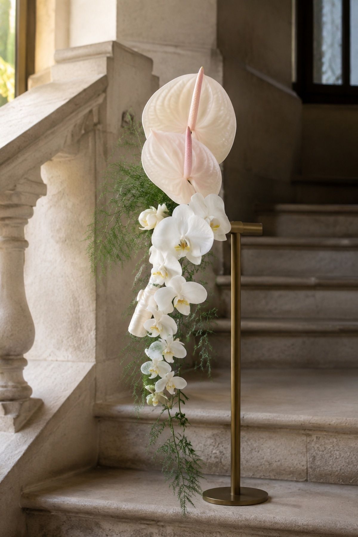 Anthurium and orchid bouquet with a soft cascade