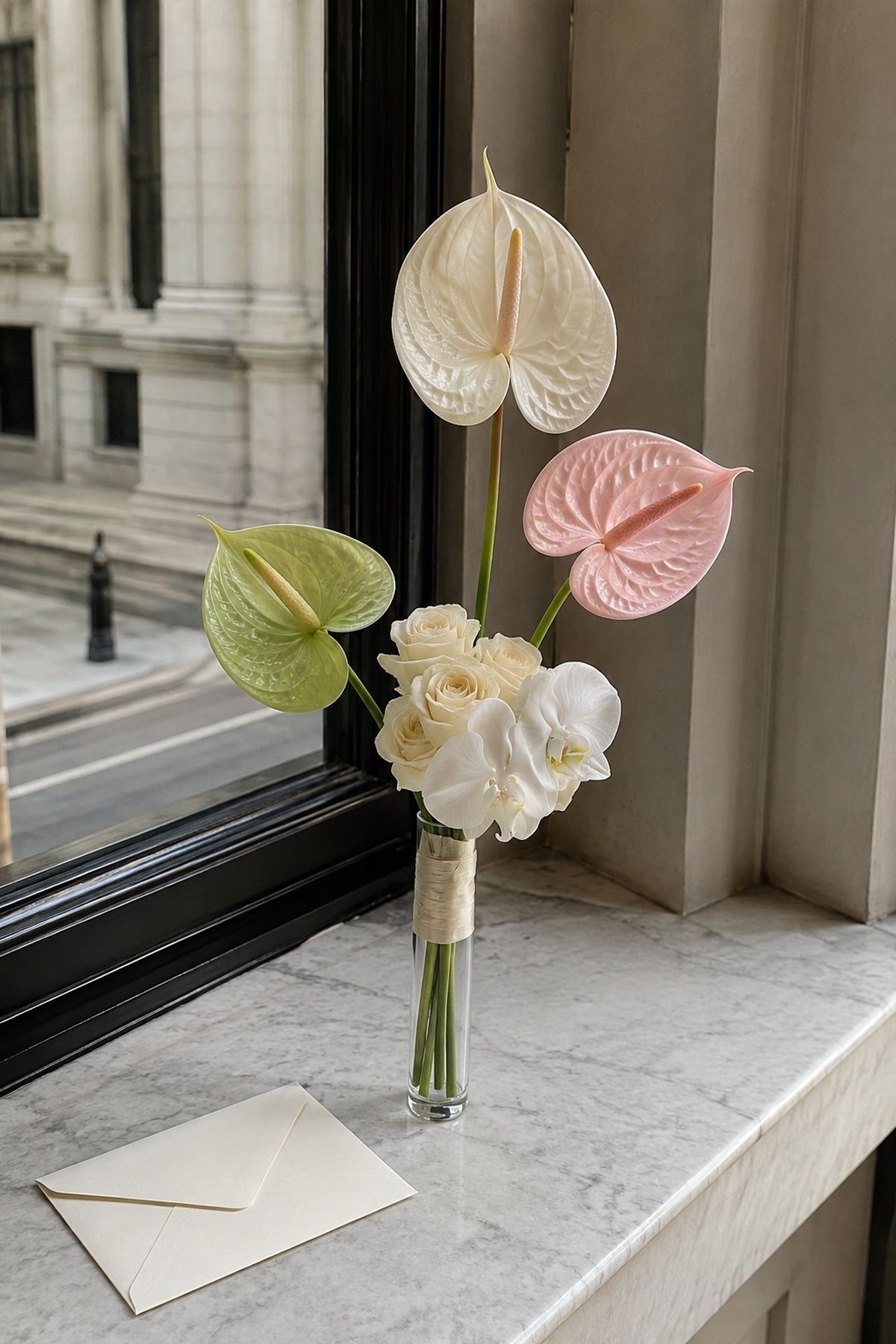 Small wedding bouquet of one to three anthurium stems