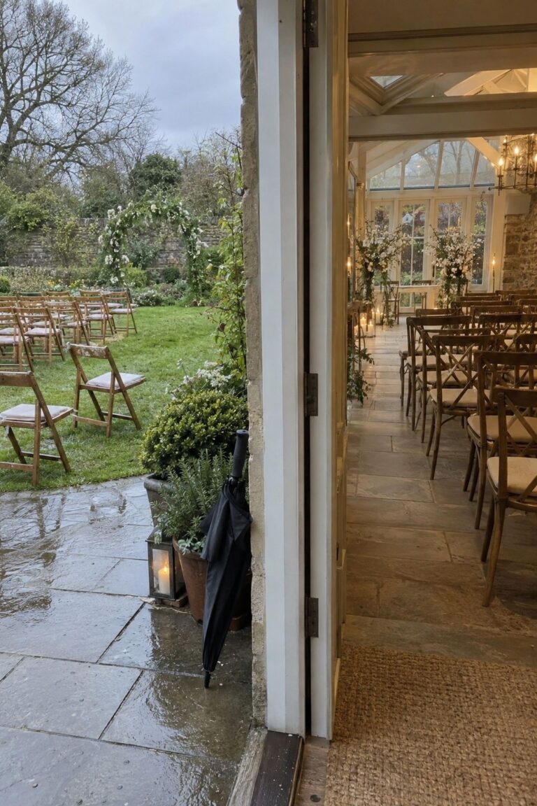 Rainy garden ceremony beside a warm conservatory prepared as an indoor wedding backup