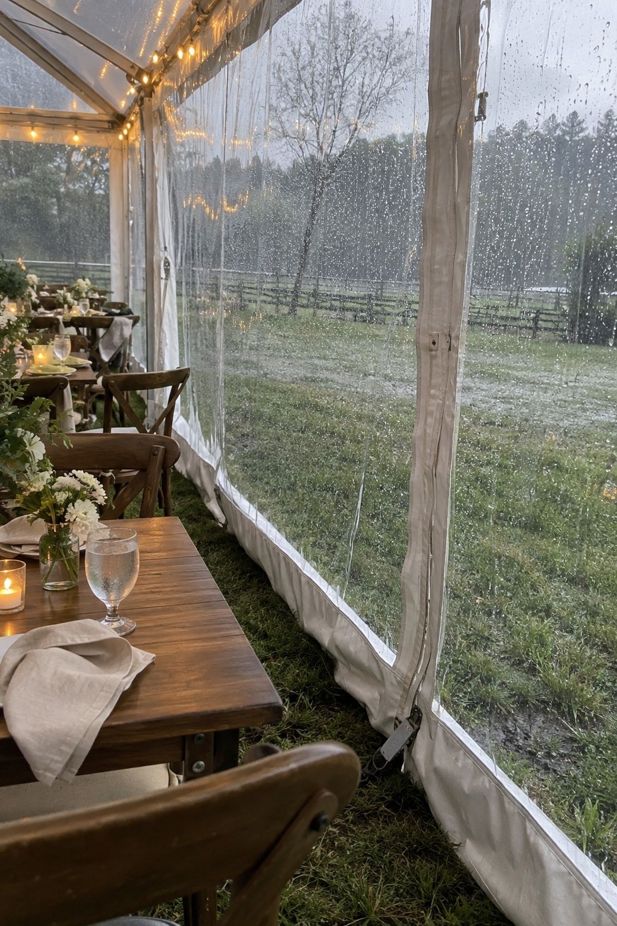 Clear zippered tent sidewalls keeping an intimate April wedding reception dry