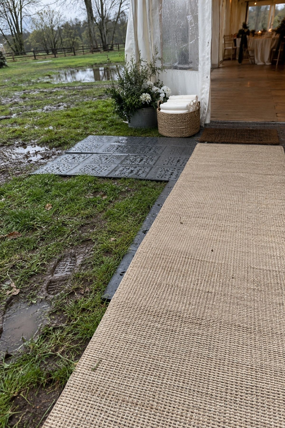 Non-slip aisle runner and temporary flooring protecting wedding guests from muddy grass