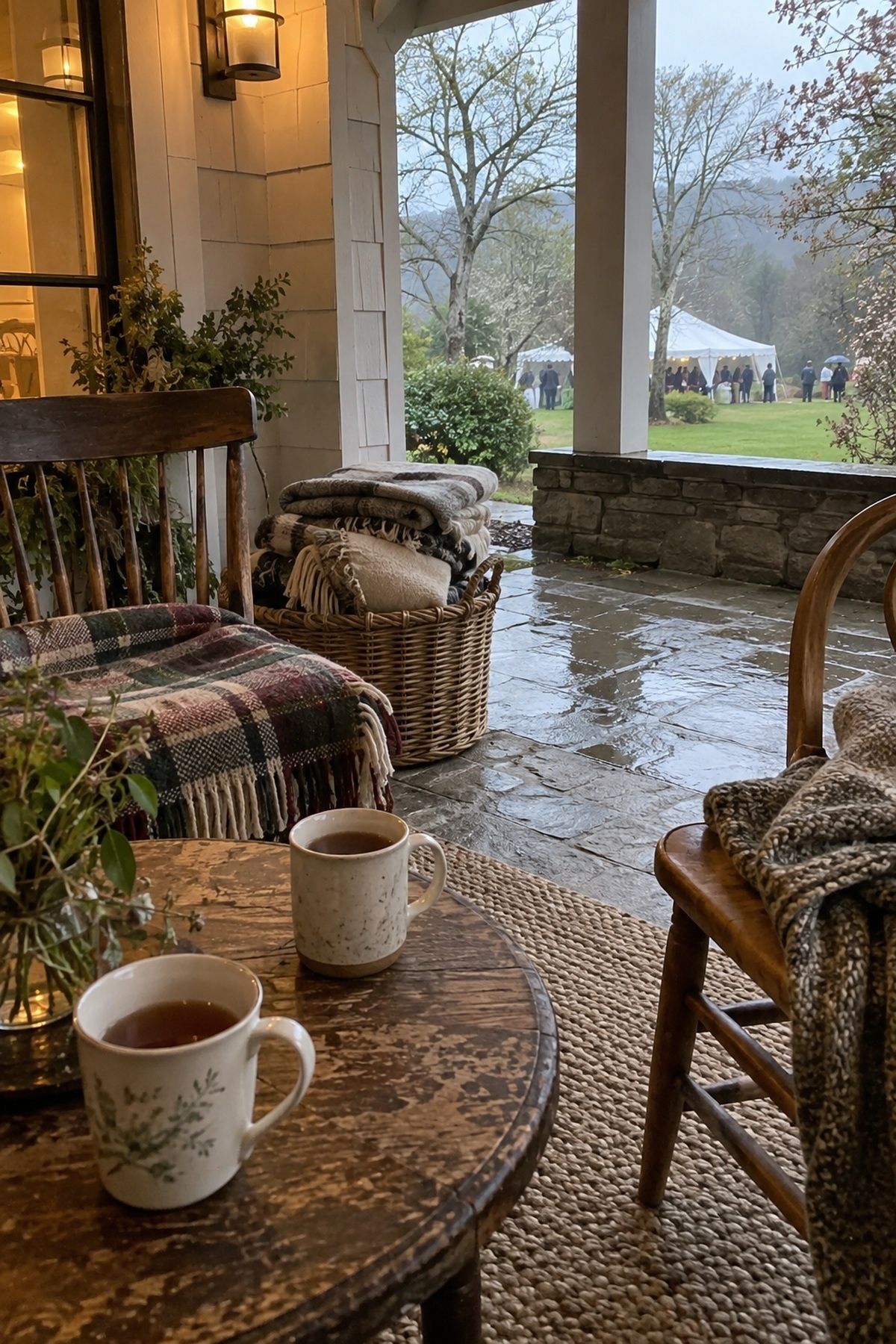 Covered wedding porch with heater, lap blankets, chairs, and warm drinks for guests