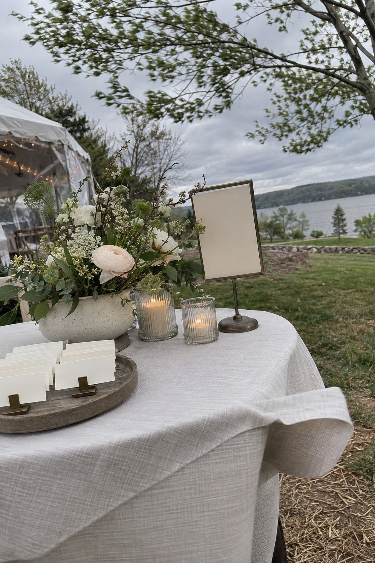 Wind-secured wedding table with clipped cards, low flowers, enclosed candles, and weighted sign
