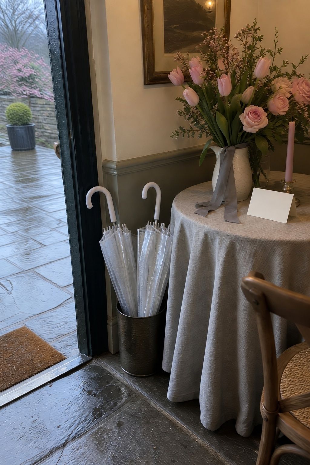 Rainy grey with spring pink for an April wedding