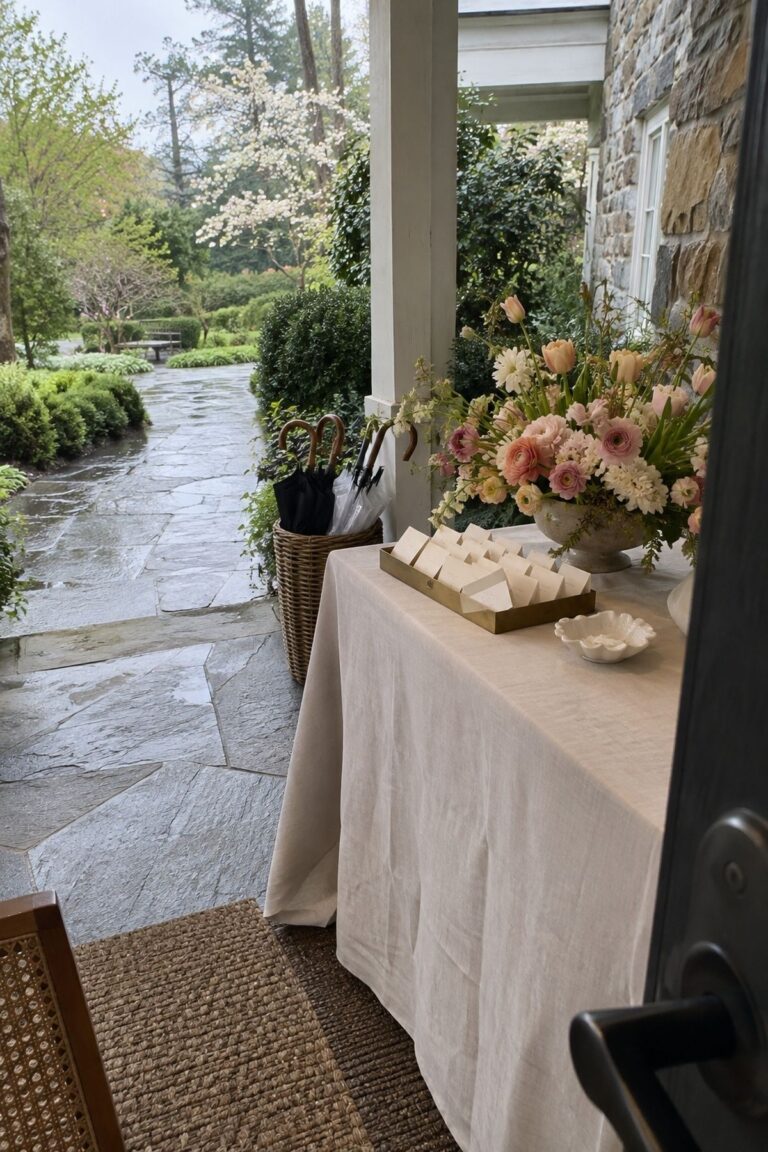 Build a rain-friendly welcome table for intimate April wedding decor.