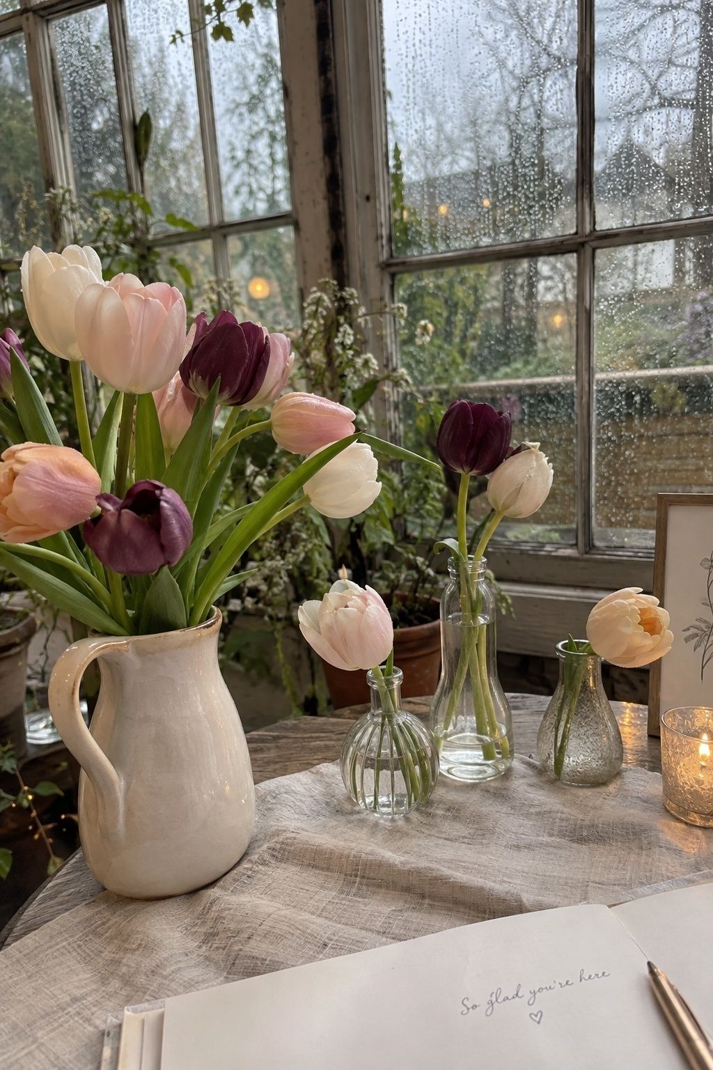 Soft spring tulips in an April wedding arrangement