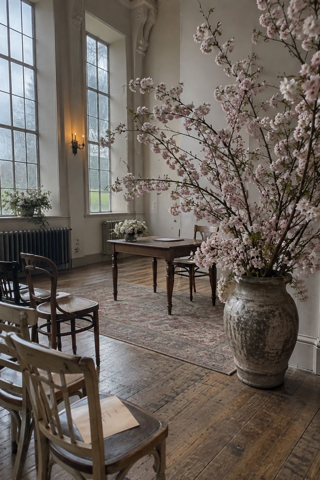Cherry blossom branches framing a spring ceremony