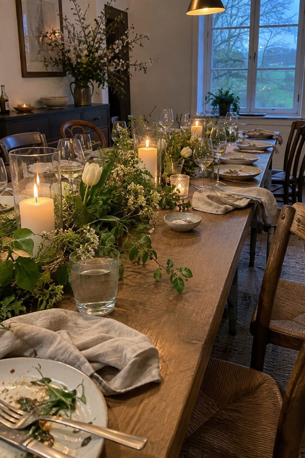 Fresh spring greenery adding texture to a reception table