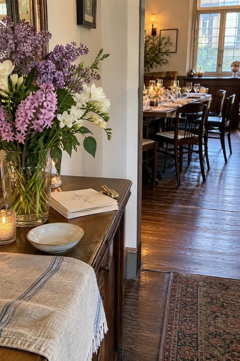 Fragrant flowers placed away from the dinner plates