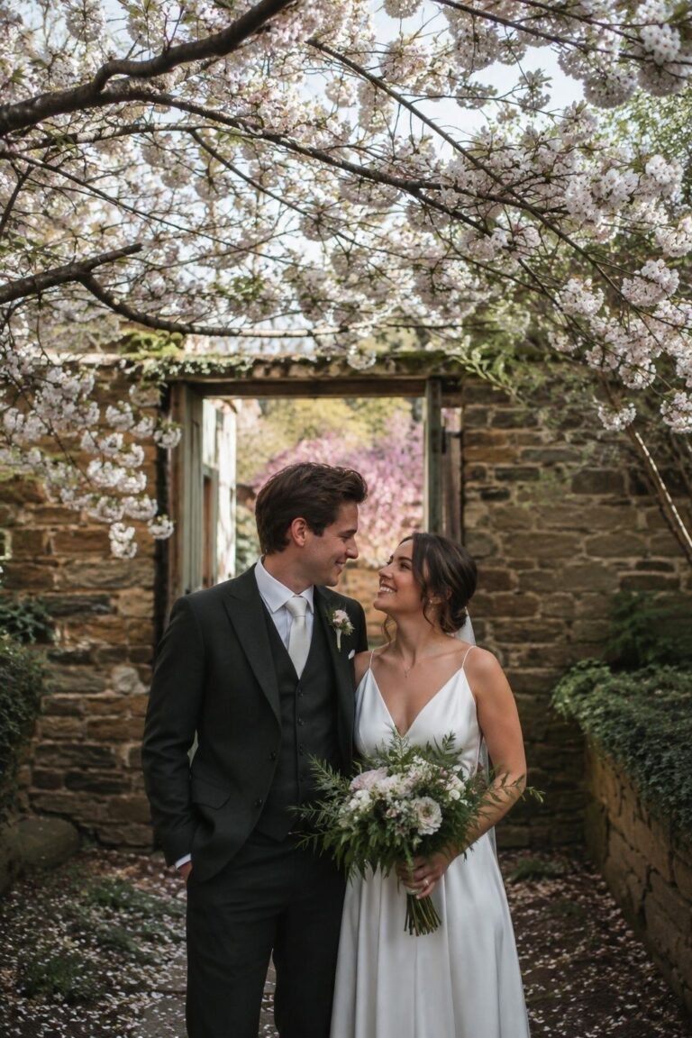Take Portraits Under Fresh Blossoms Only If Timing Works at an intimate April wedding with rain, blossoms, or soft spring light