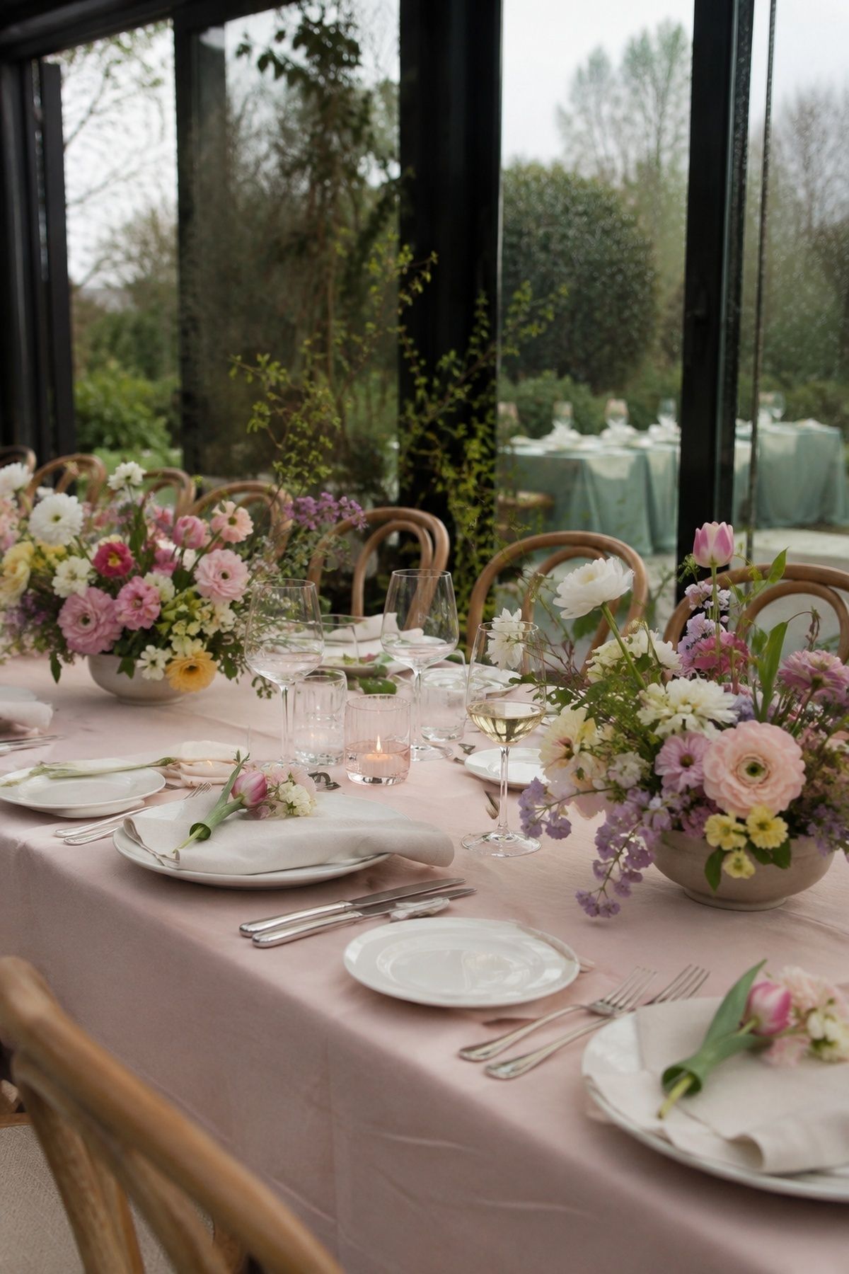 Reception tables with pastel linens and spring blooms