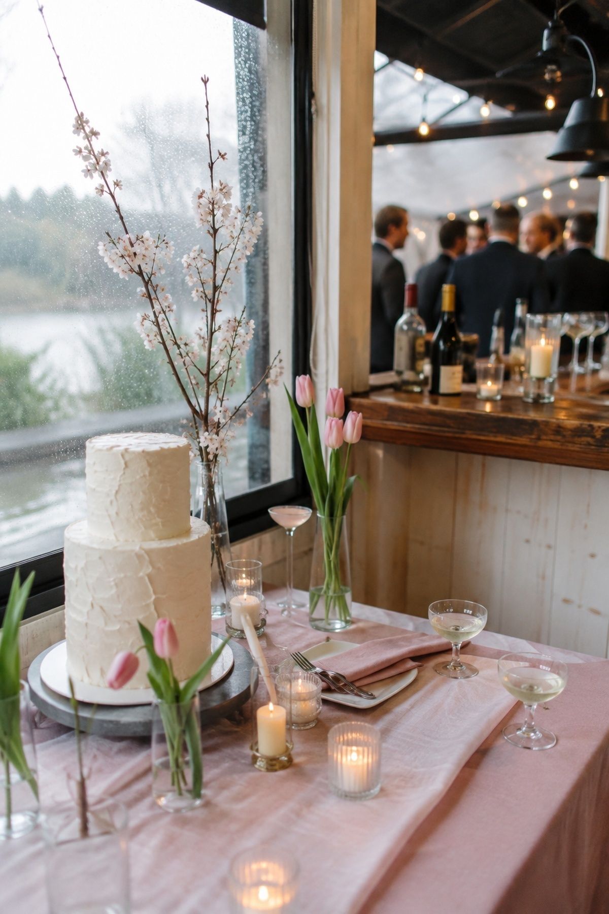 Subtle tulip and cherry blossom details on an April reception table