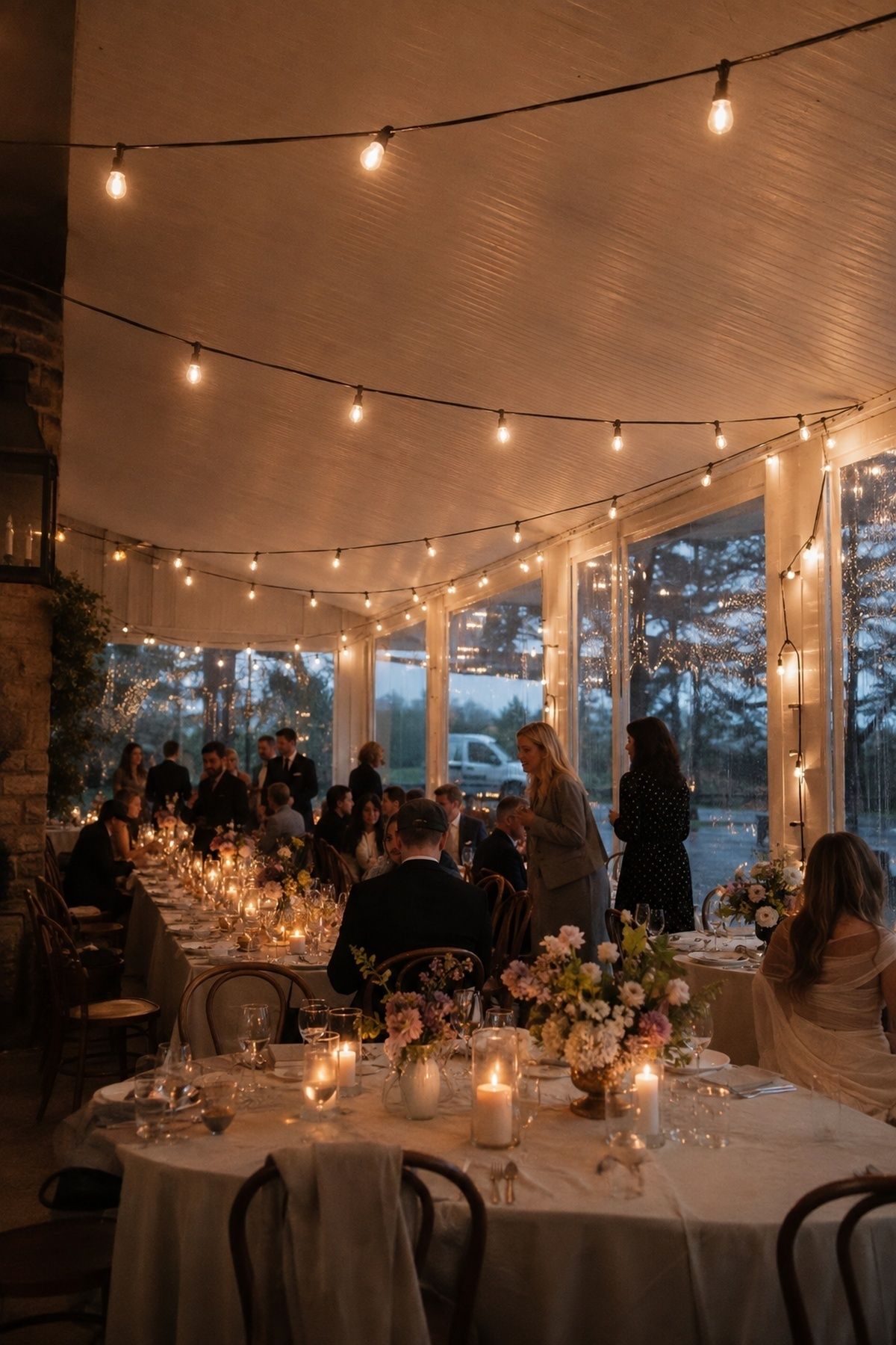 Bistro lights strung over a covered patio reception