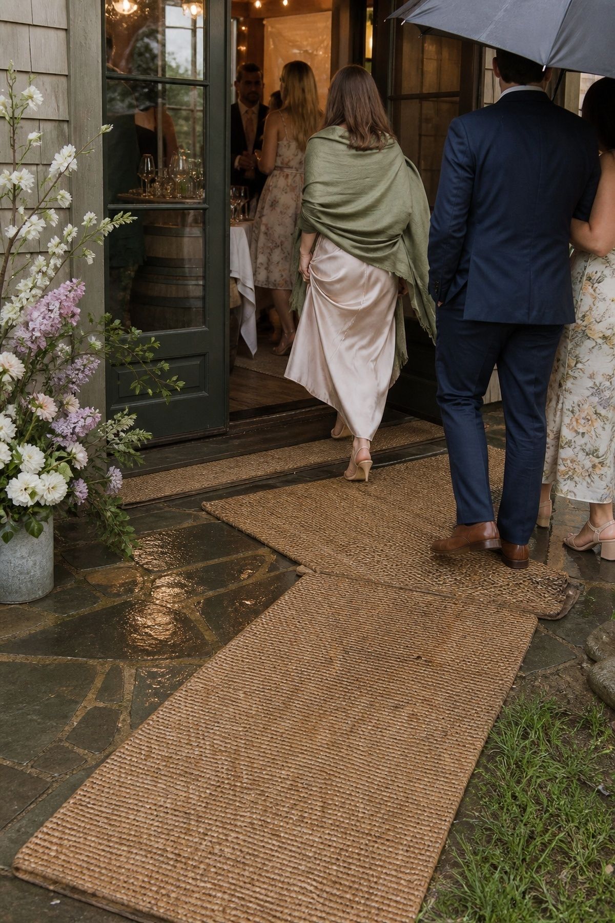 Mats and rugs laid over wet walkway areas