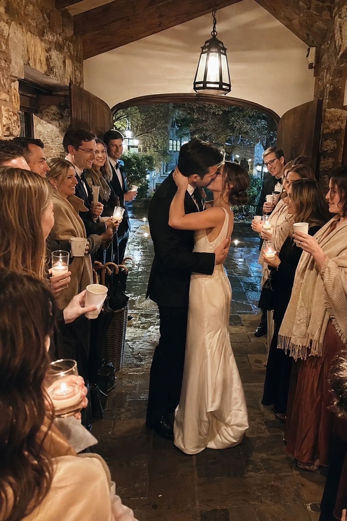Warm indoor send-off at the end of a rainy April wedding