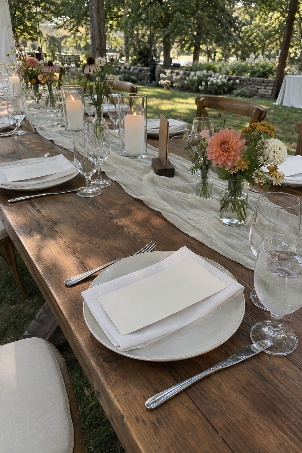 Heat-friendly August wedding table with hydrated bud-vase flowers, weighted paper and protected candles