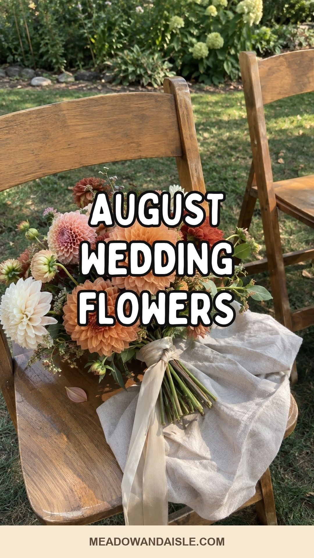 August wedding flowers Pinterest pin with a late-summer dahlia bouquet