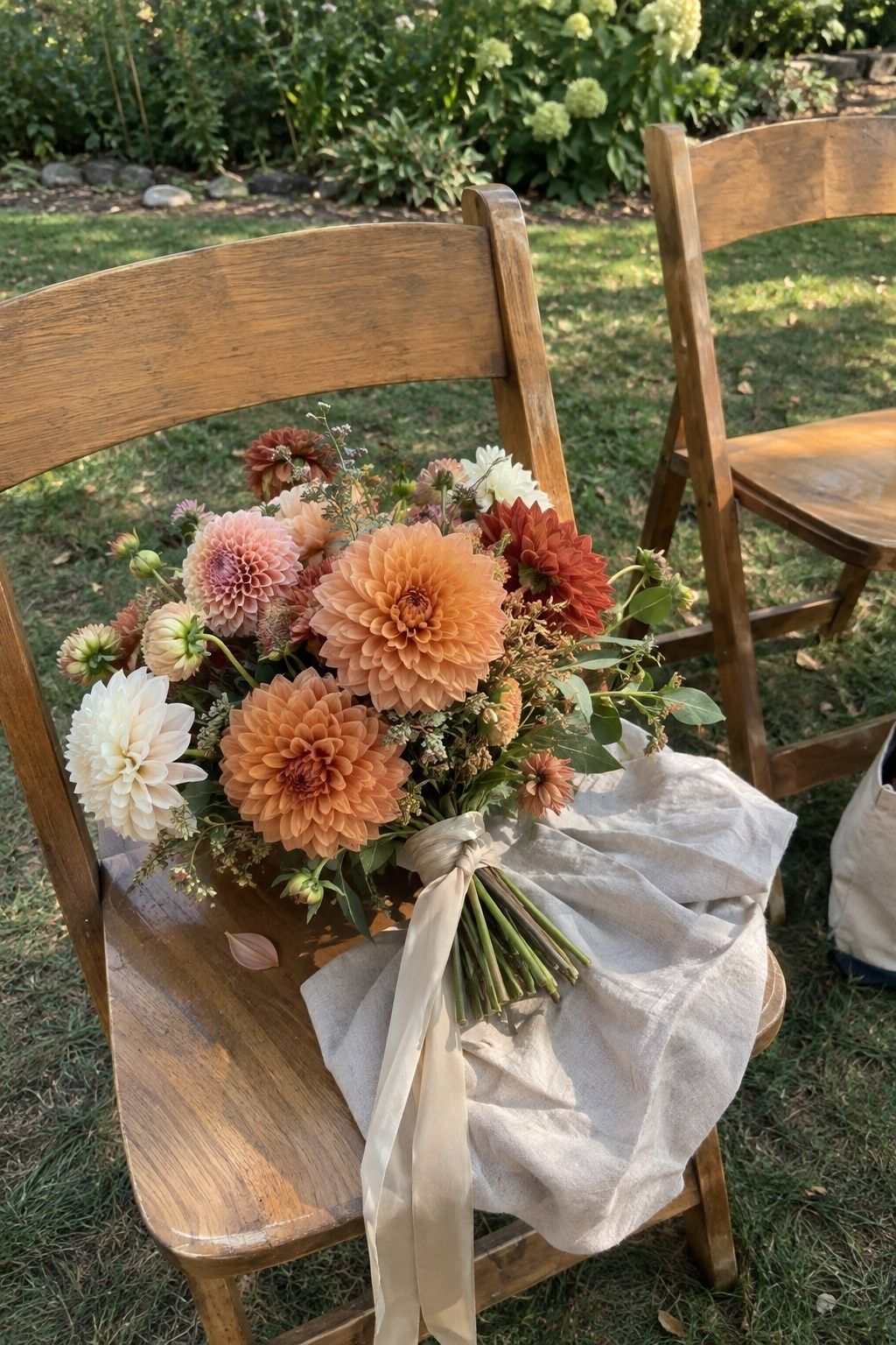 Sculptural dahlias in an August wedding arrangement