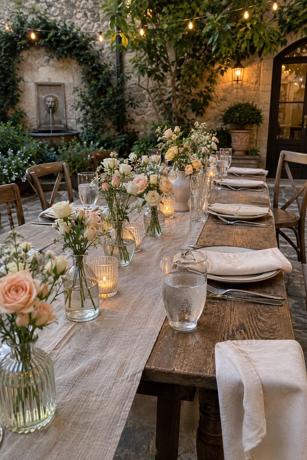 Spray roses in small centerpieces and bud vases