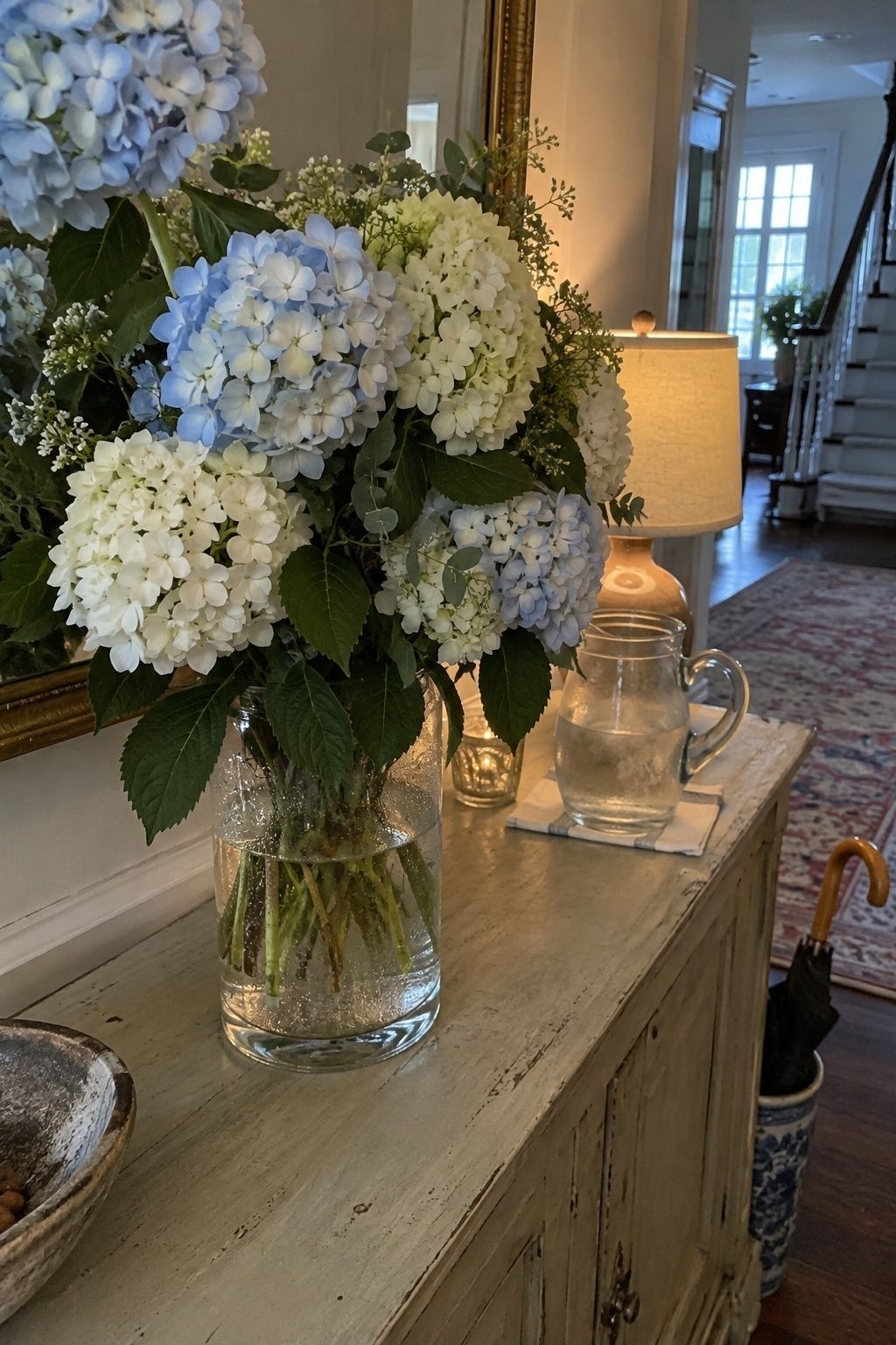 Hydrangeas adding volume in a cool venue
