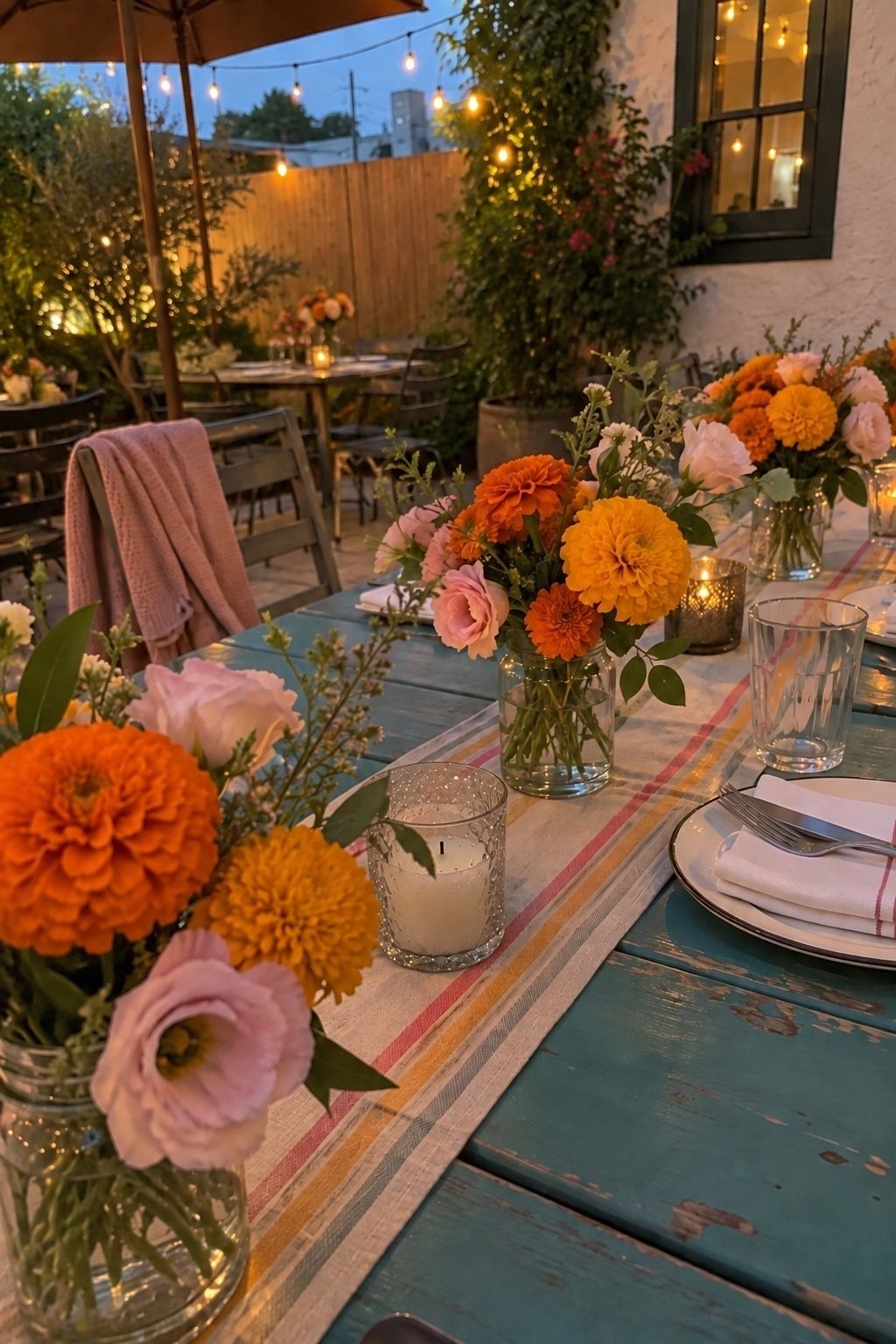 Marigolds in a casual garden wedding setting