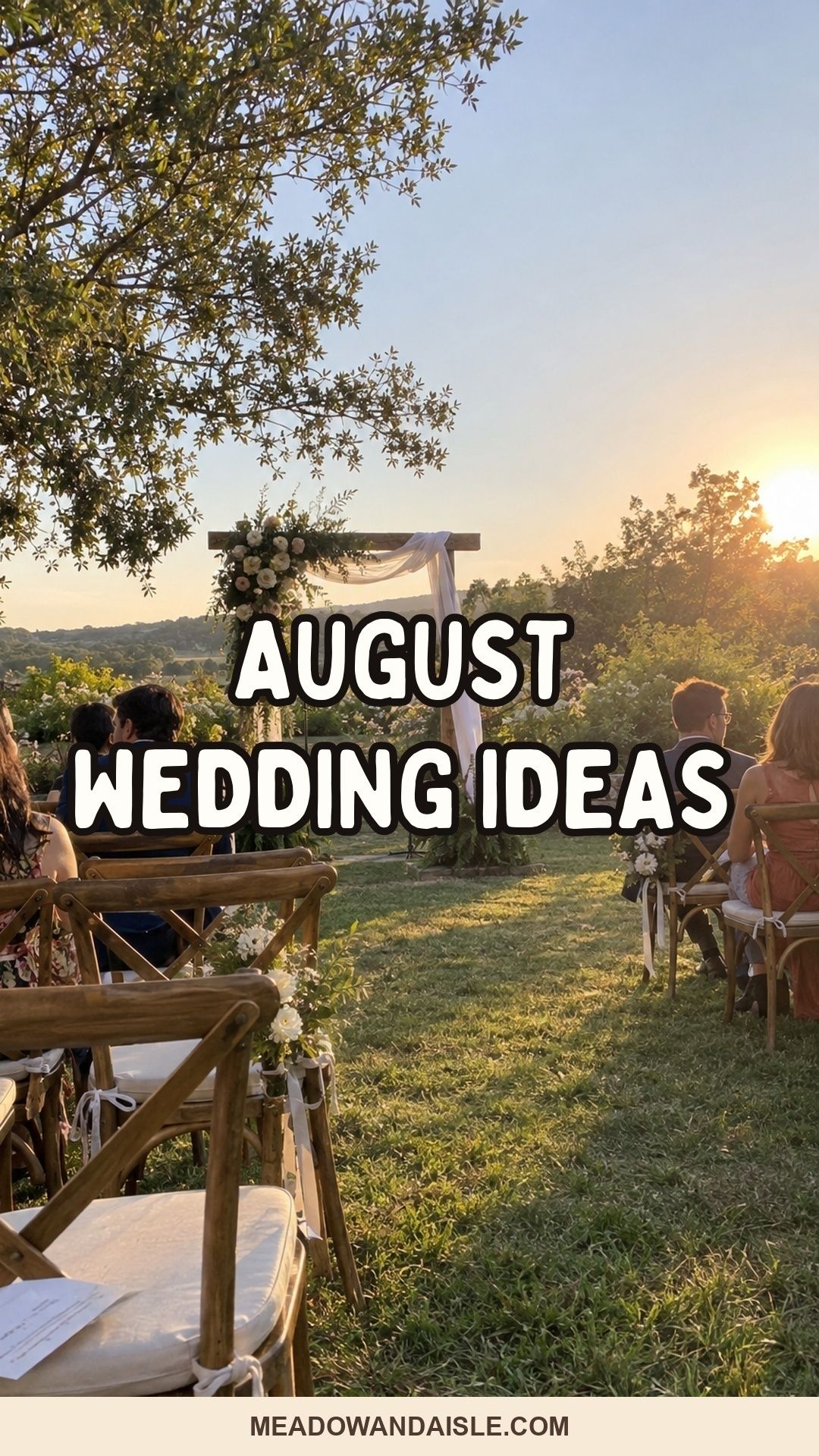 August wedding ideas Pinterest pin with an intimate golden-hour ceremony