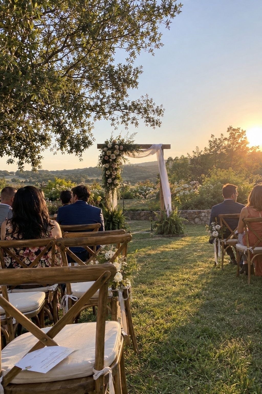 Golden-hour ceremony at an August wedding