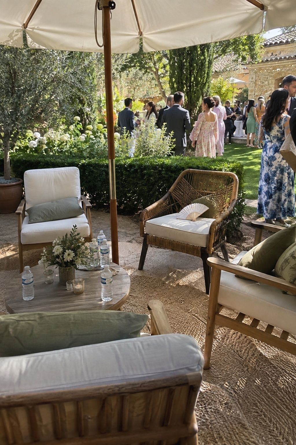 Shaded lounge area for guests on a hot day