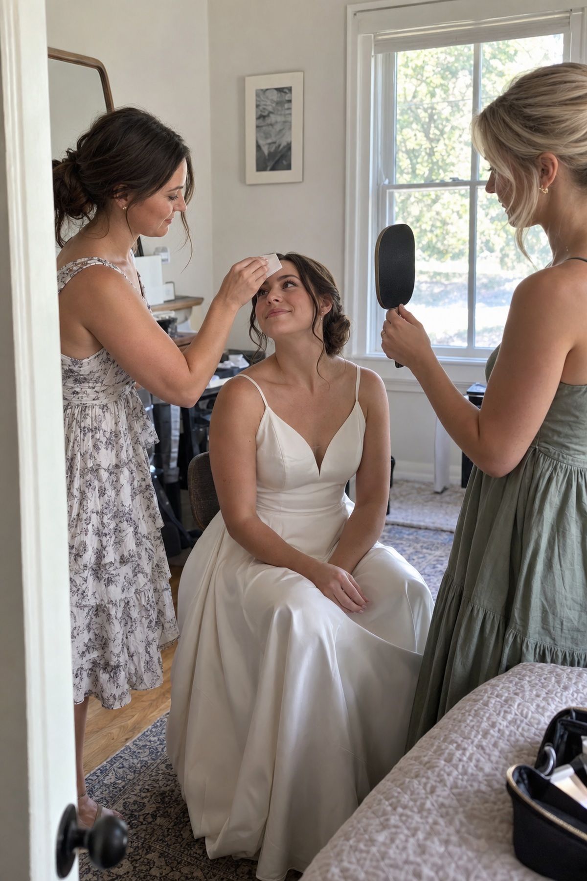 A bride pauses for a quick makeup reset before August wedding group photos.