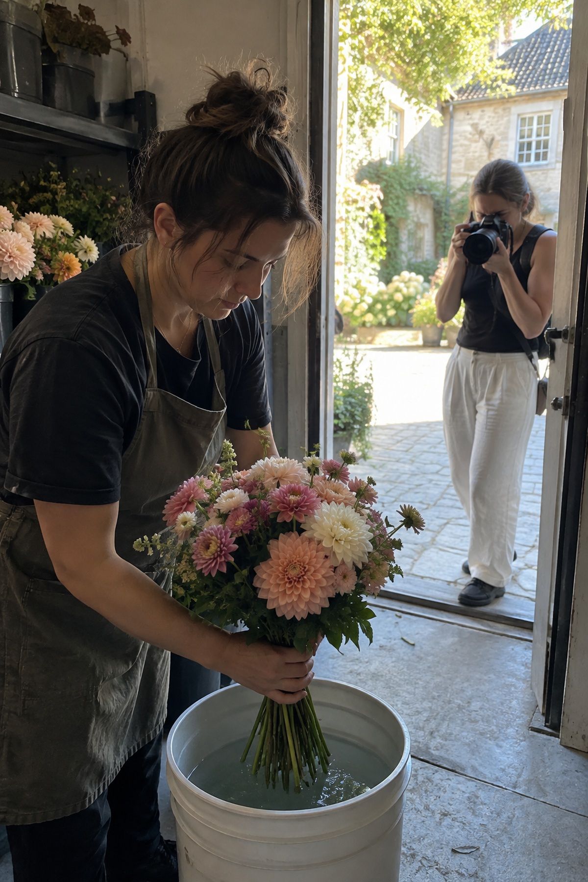 A florist keeps a dahlia bouquet in shade before August wedding detail photos.
