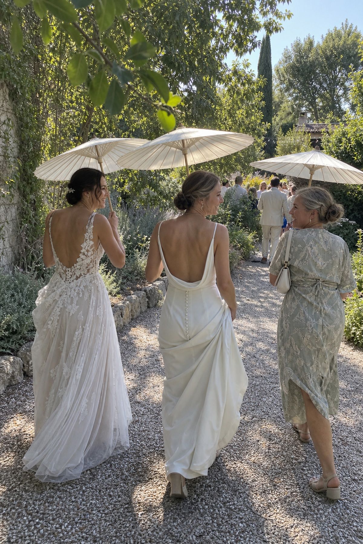 Two brides and an older relative walk under cream parasols at an August wedding.