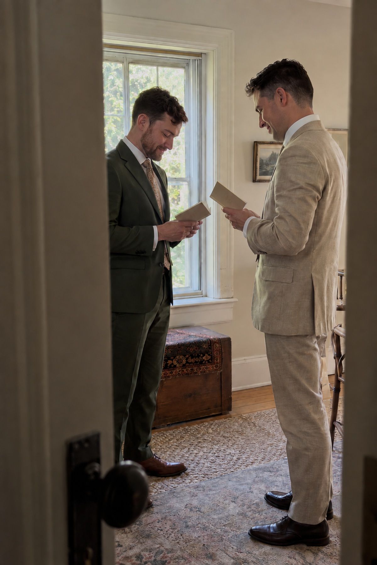 Two grooms share a quiet vow-book moment in window light before their August ceremony.