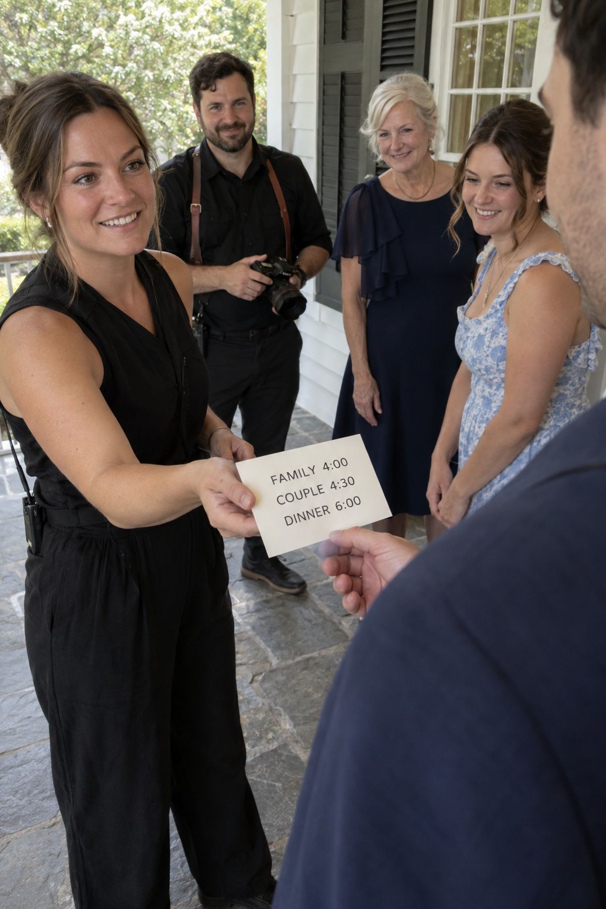 A coordinator hands over a readable timeline card for August wedding family and couple photos.