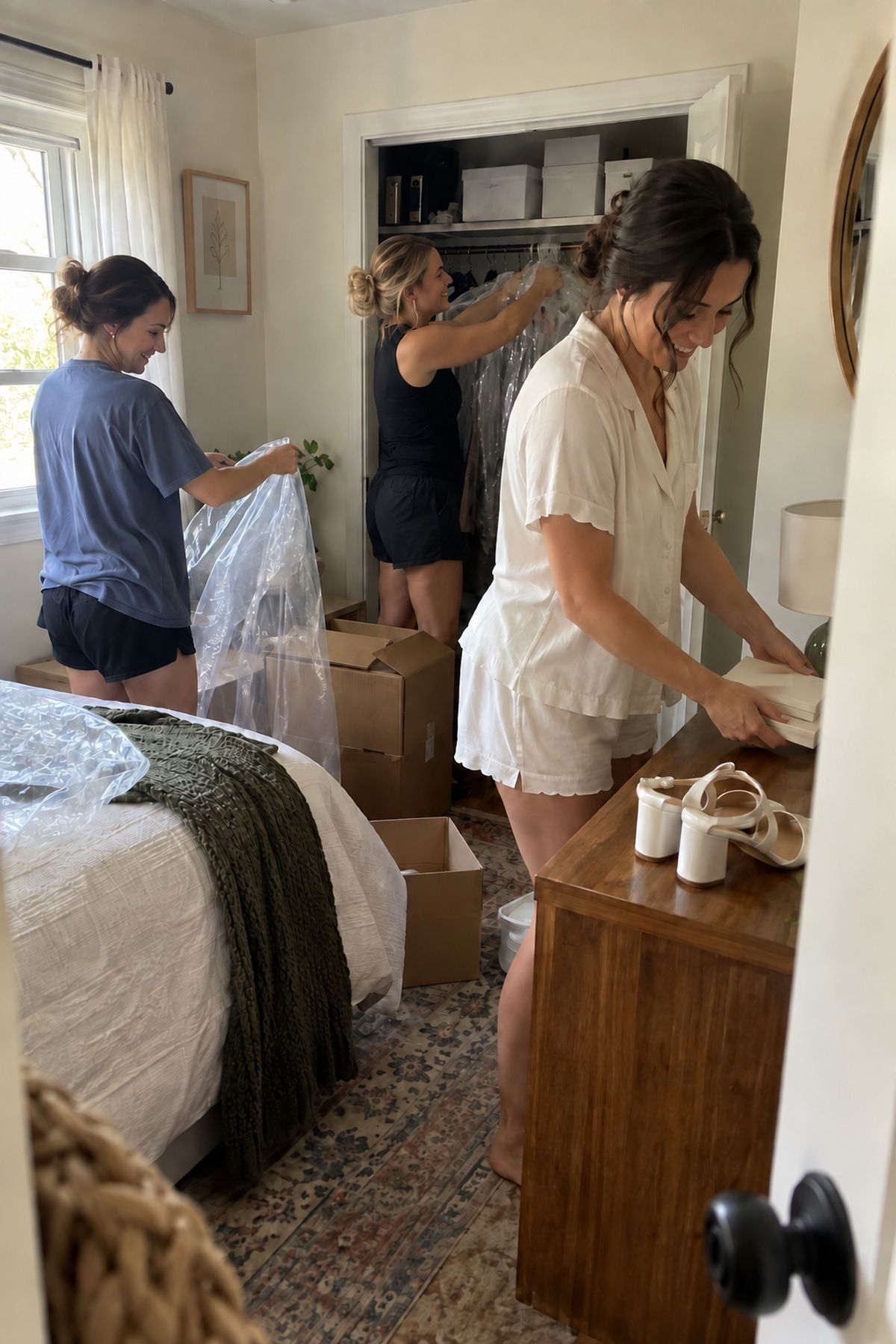 Friends clear an ordinary getting-ready room before August wedding detail photos.